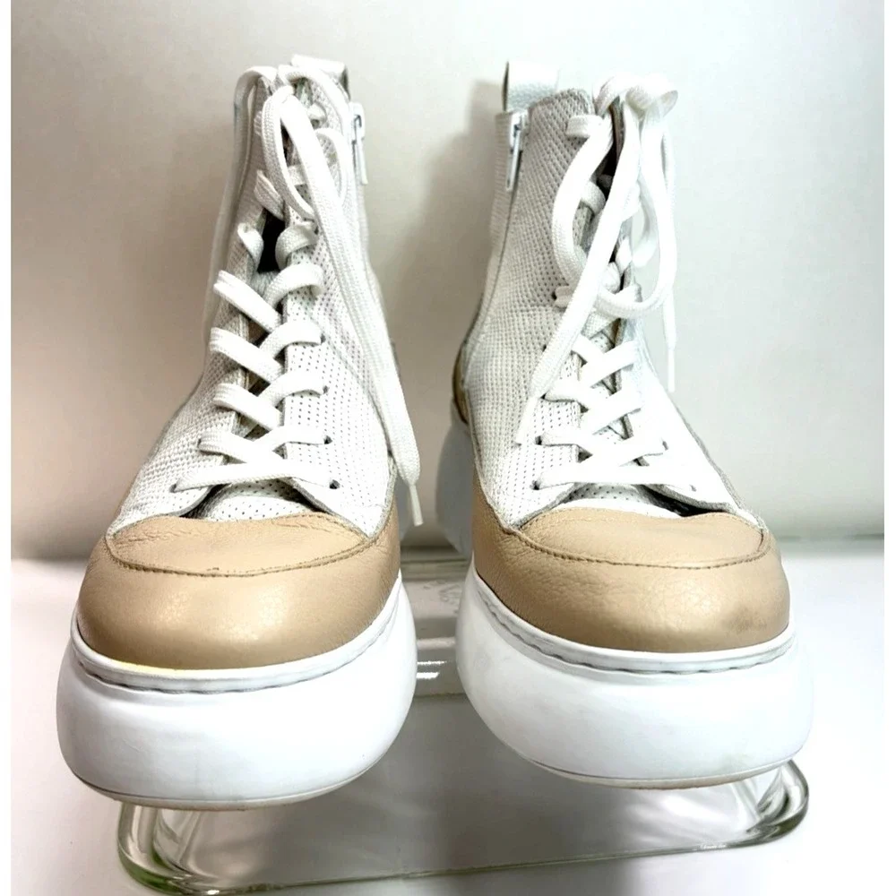 Wonders High Top Sneakers Trainers Womens White Tan Zip Lace Up Size 38 EU 8 US